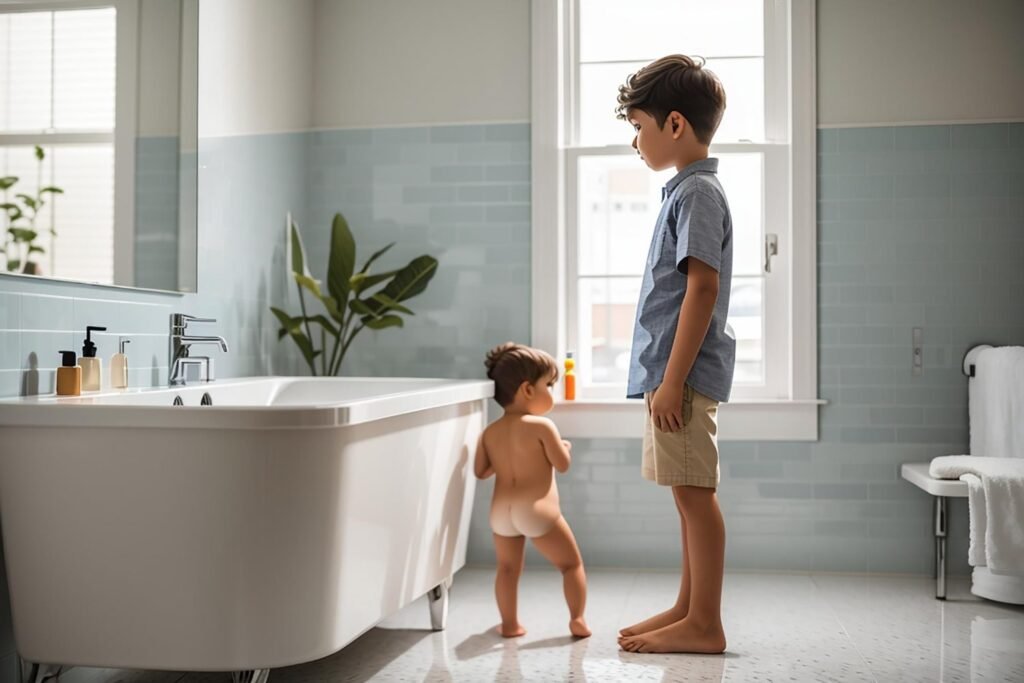 Child and baby positioned next to toilet